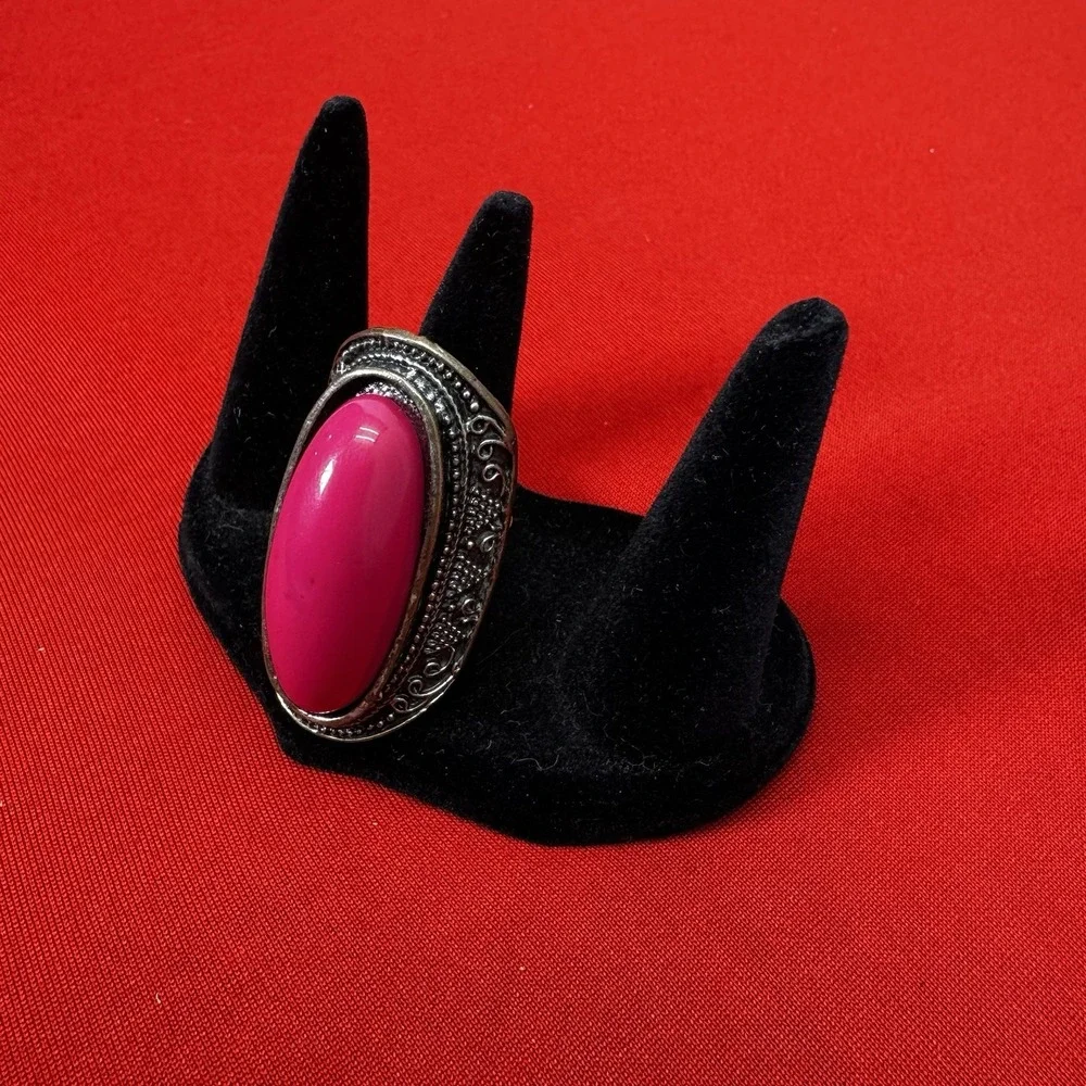 Chunky Silvertone Adjustable Ring With Large Faux‎ Pink Stone